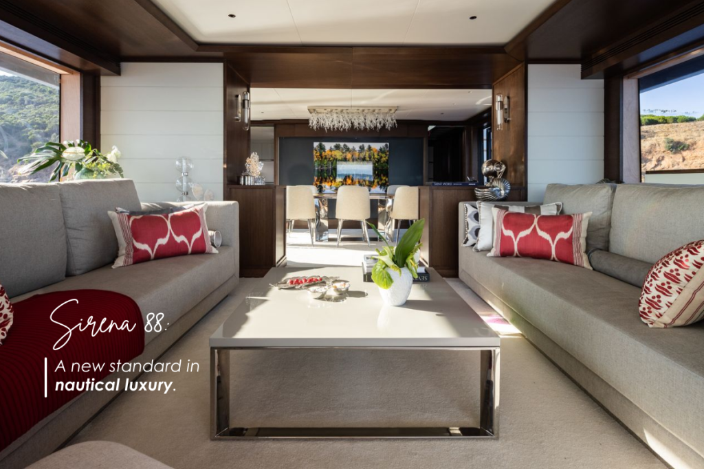 Luxury interior of the Sirena 88 yacht presented by Camino al Mare in Miami.