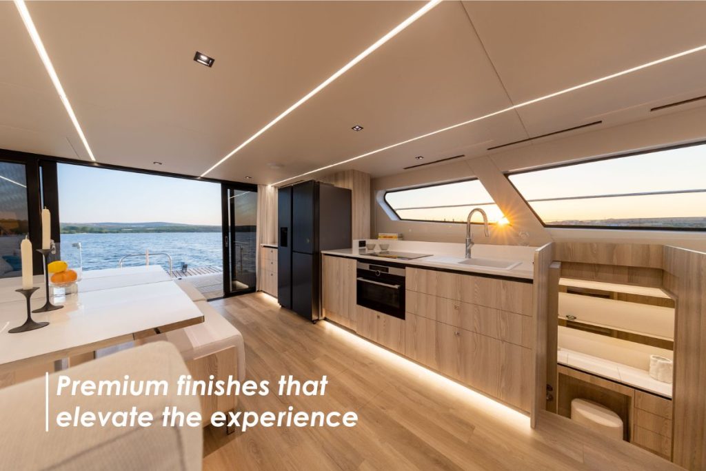 Interior design and luxury finishes in Omaya Yachts catamarans.
