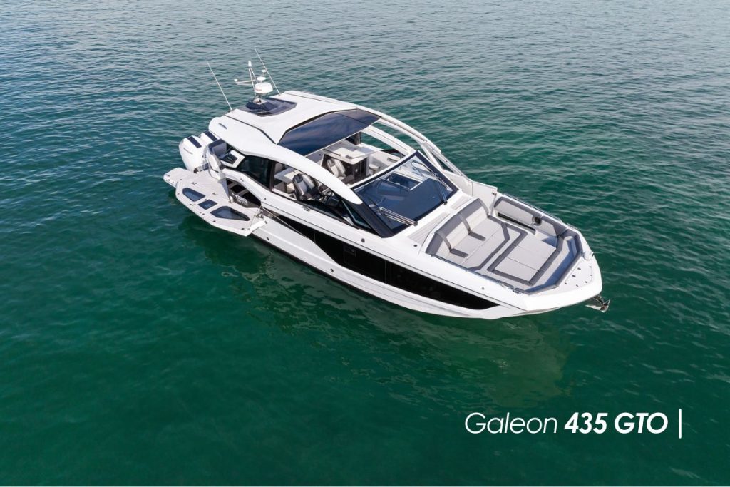 Luxury sport yacht with aerodynamic design and high speed.