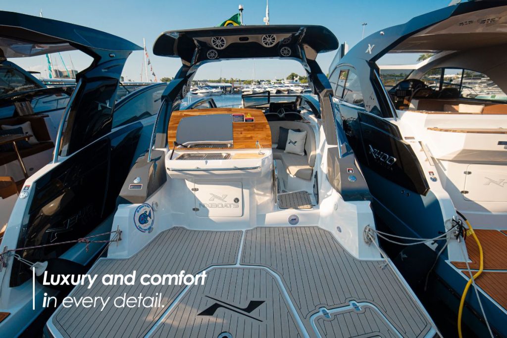 Interior design, social area, and premium finishes on an NX Boats luxury vessel.