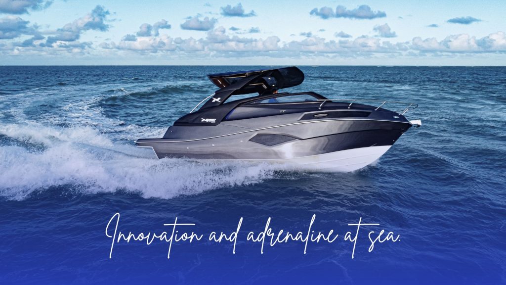 NX Boats luxury vessel sailing at high speed, showcasing its sporty design and aerodynamic lines.