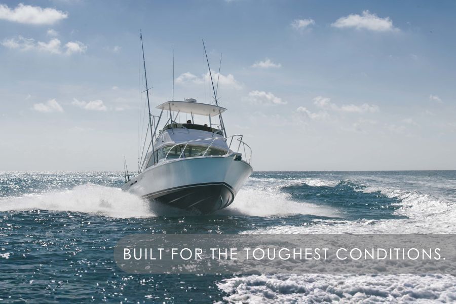 Detail of the offshore design and Deep-V hull of a Bertram Yacht for sport fishing.