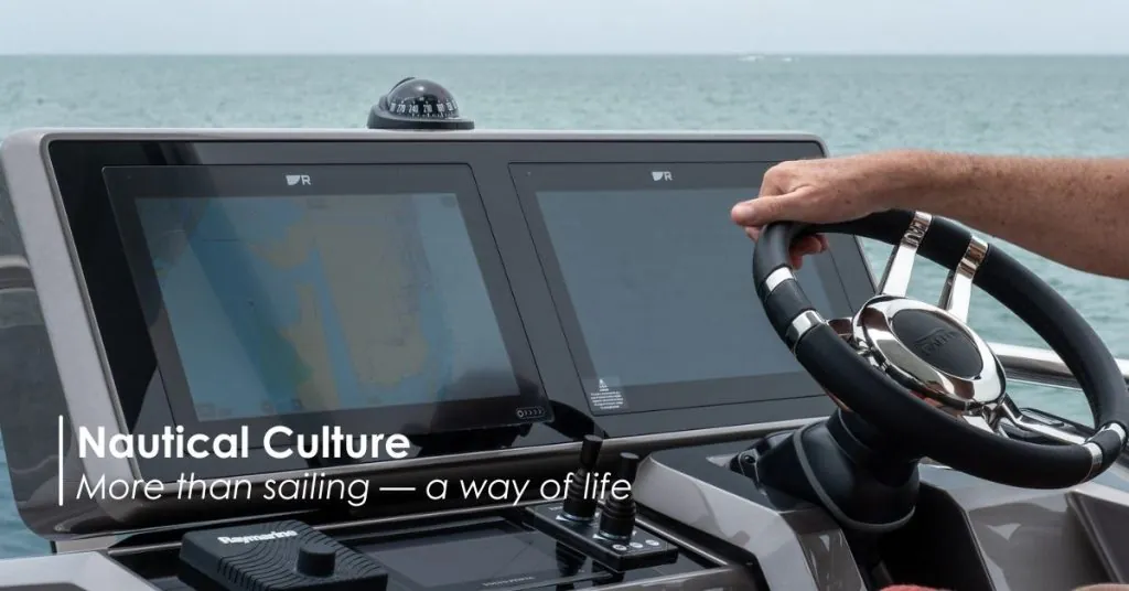 Helmsman maneuvering a vessel at sea, embodying the discipline and values of modern nautical culture.