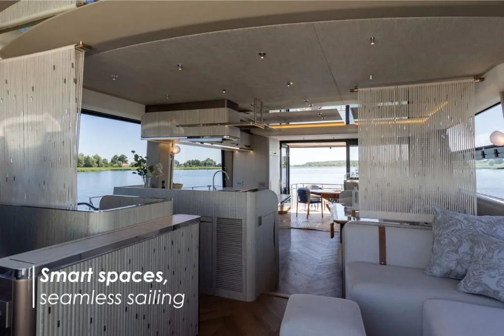 Smart space distribution and integrated layout inside a Galeon Yachts luxury vessel.
