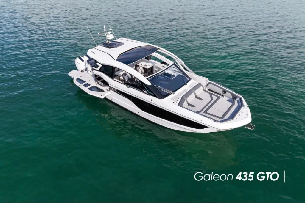 Luxury sport yacht with aerodynamic design and high speed.